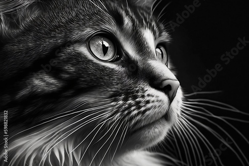 Black and White Close-up of a Cat's Face. AI