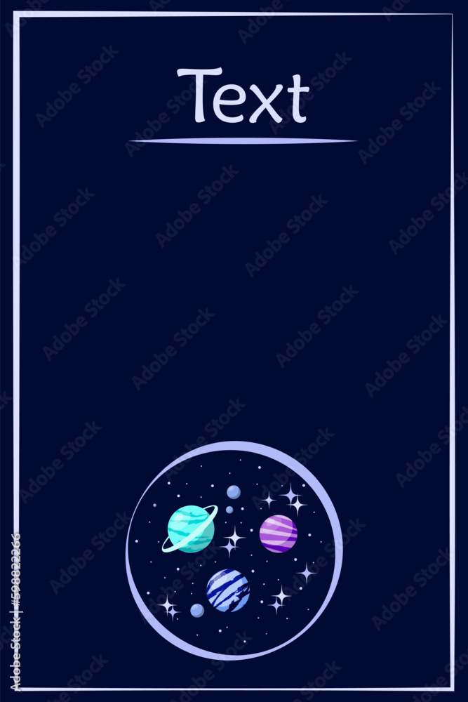 Obraz premium Dark blue background with thin frame, copy space and universe in small circle. Vector illustration for book cover, invitations, card.
