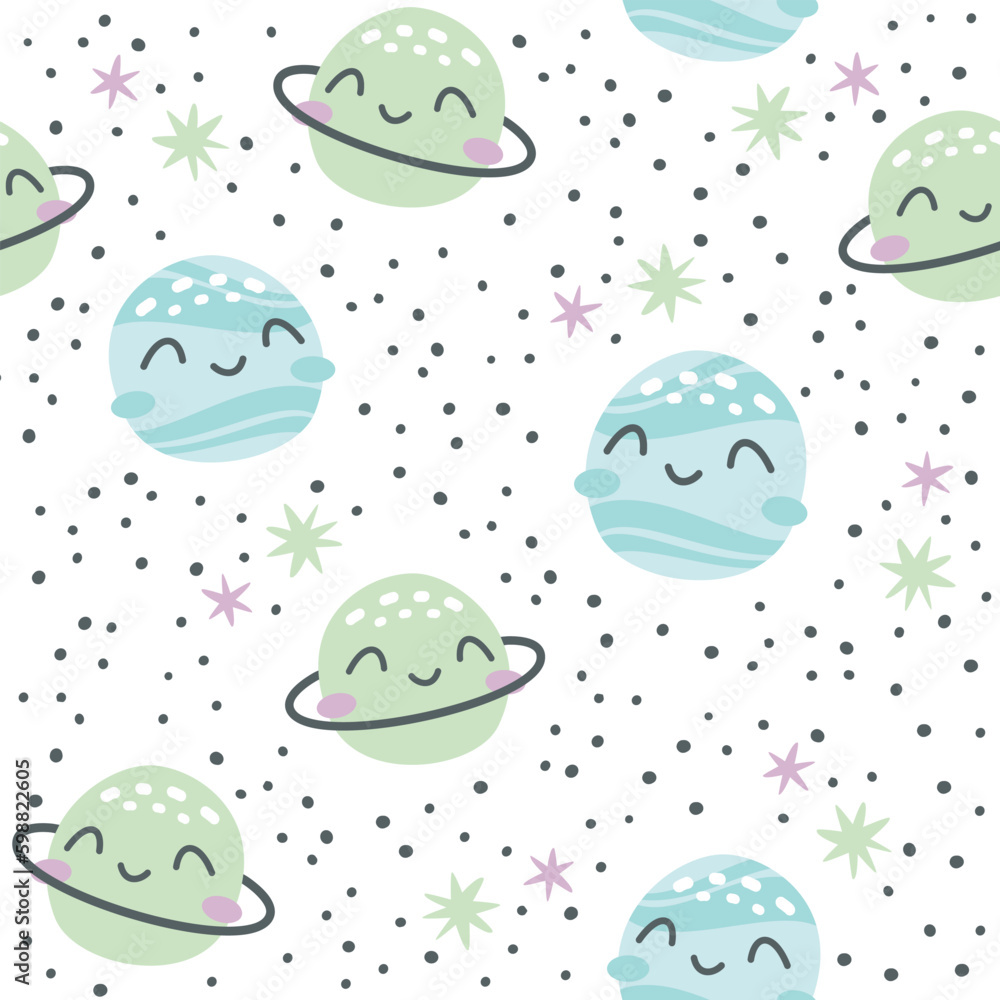 Children's vector space pattern. Smiling planets Saturn and Venus, stars. Pattern on white background for children's products  Generative AI