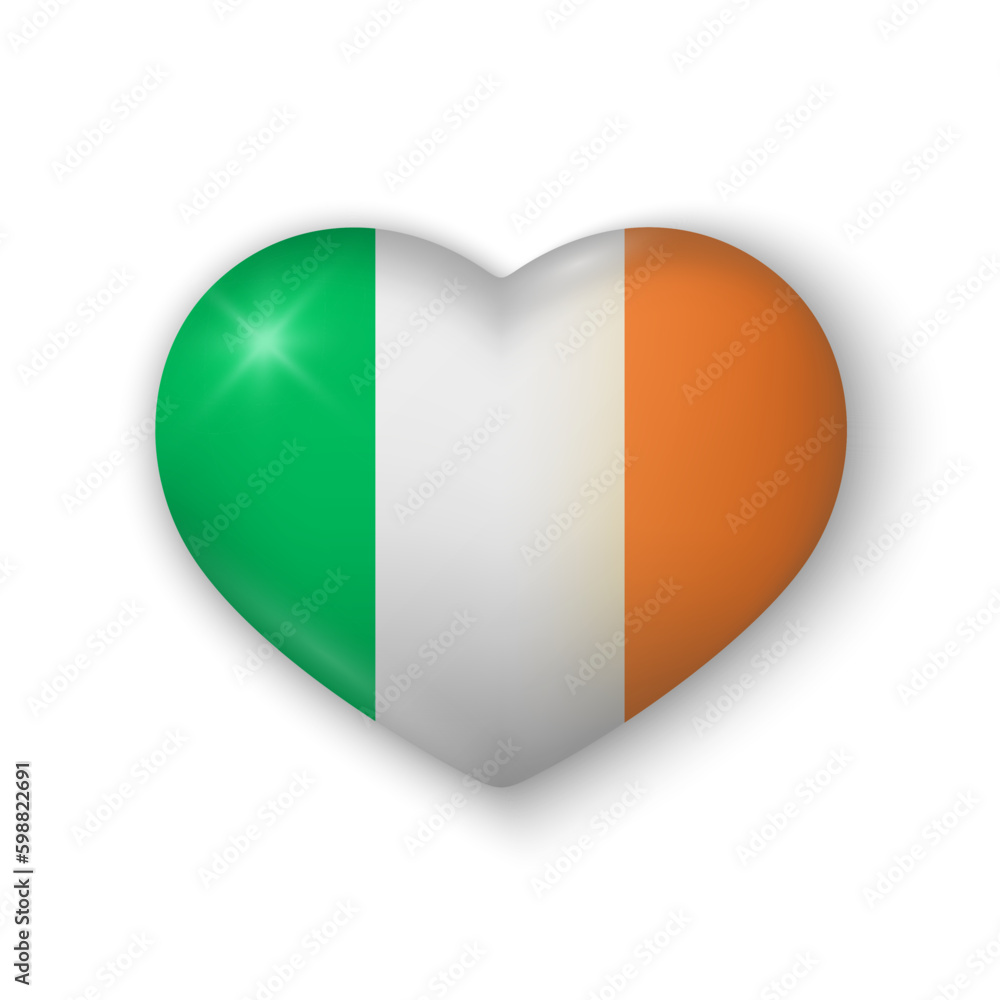 3d heart with flag of Ireland. Glossy realistic vector element on white background with shadow underneath. Best for mobile apps, UI and web design. 3d heart with flag of Ireland. Glossy realistic vector element on white background with shadow underneath. Best for mobile apps, UI and web design.