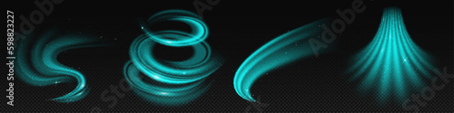 Turquoise air wind flow vector effect set. Magic 3d fresh swirl with cold and frosty breath stream. Fantasy mint vortex tornado with dust and sparkle. Peppermint twist on transparent background