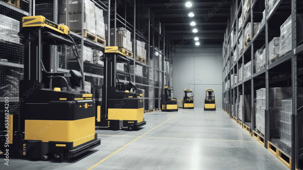 Forklifts for moving items in a modern warehouse. Generative AI Forklifts for moving items in a modern warehouse. Generative AI