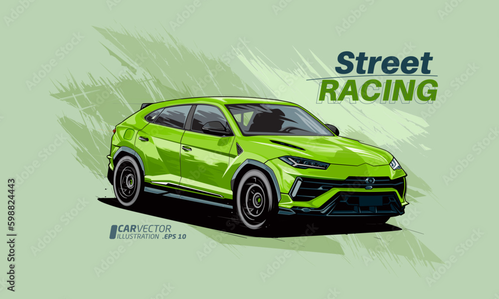 Street Racing Vector Illustration. Icon green sport car vector template illustration can use logo t shirt, apparel, sticker group community, poster, flyer banner modify auto show.