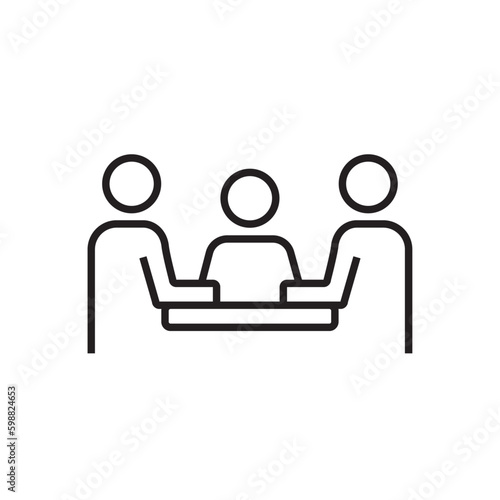 Meeting Business icon with black outline style. team, professional, computer, talking, businesswoman, strategy, online. Vector illustration