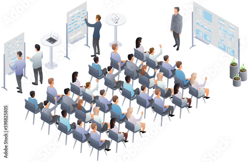 Business presentation, speech. Teamwork presentation conference coworking workplace brainstorming and discussion isolated. International public conference Indicators and coaching. Vector isometric, 3d