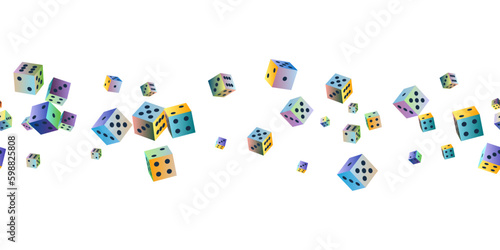 Gambling dice. Seamless pattern of polyhedral game cubes in gradient color with black dots on white. To play in casino, roll dice from one to six points with random numbers. Good luck concept. Vector
