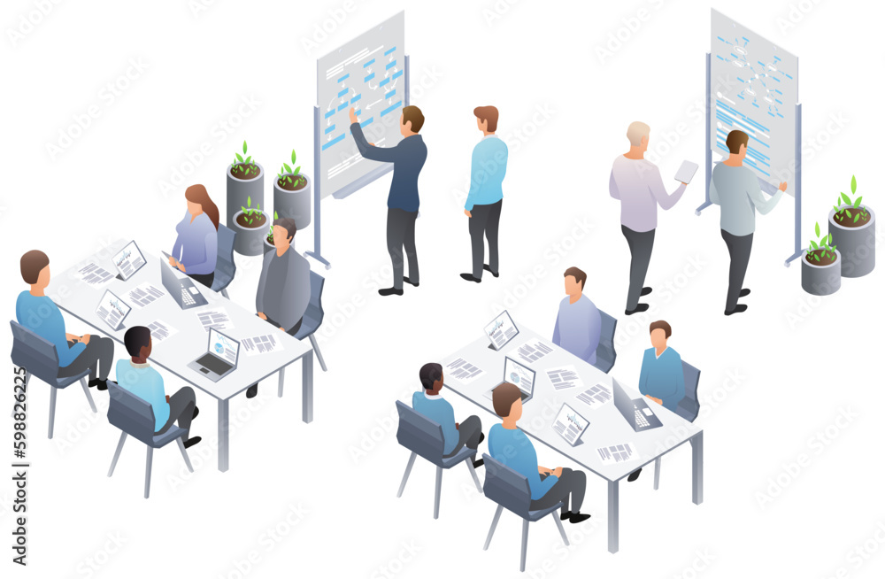 Business presentation, speech. Teamwork set with business presentation conference coworking workplace brainstorming and discussion isolated. Indicators and coaching. Vector isometric, 3d Business presentation, speech. Teamwork set with business presentation conference coworking workplace brainstorming and discussion isolated. Indicators and coaching. Vector isometric, 3d