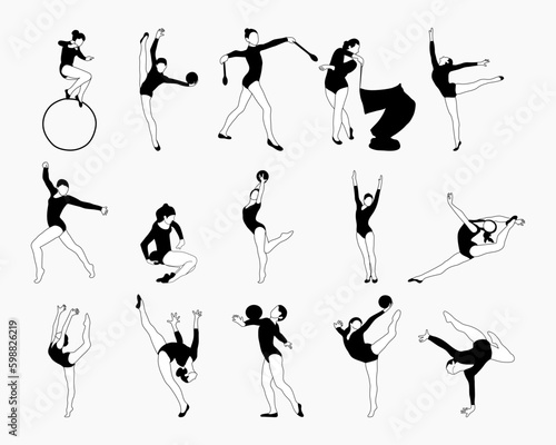 Set of silhouettes of gymnasts. Sport artistic gymnastics. Sports queen. Flat style. Isolated vector