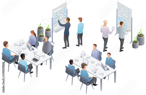 Business presentation, speech. Teamwork set with business presentation conference coworking workplace brainstorming and discussion isolated. Indicators and coaching. Vector isometric, 3d