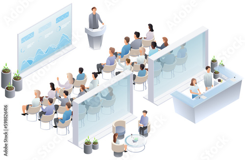 Business presentation, speech. Teamwork set with business presentation conference coworking workplace brainstorming and discussion isolated. Indicators and coaching. Vector isometric, 3d