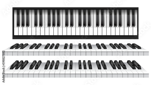 Piano keys. Musical instrument keyboard top above view. Black and white classic or electric piano keys. 3d vector illustration
