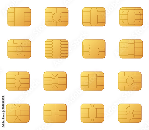 Sim card types icon set isolated. Smart cellular wireless communication gsm chip, electronics and telecommunication microchip design on white. Vector mobile technology