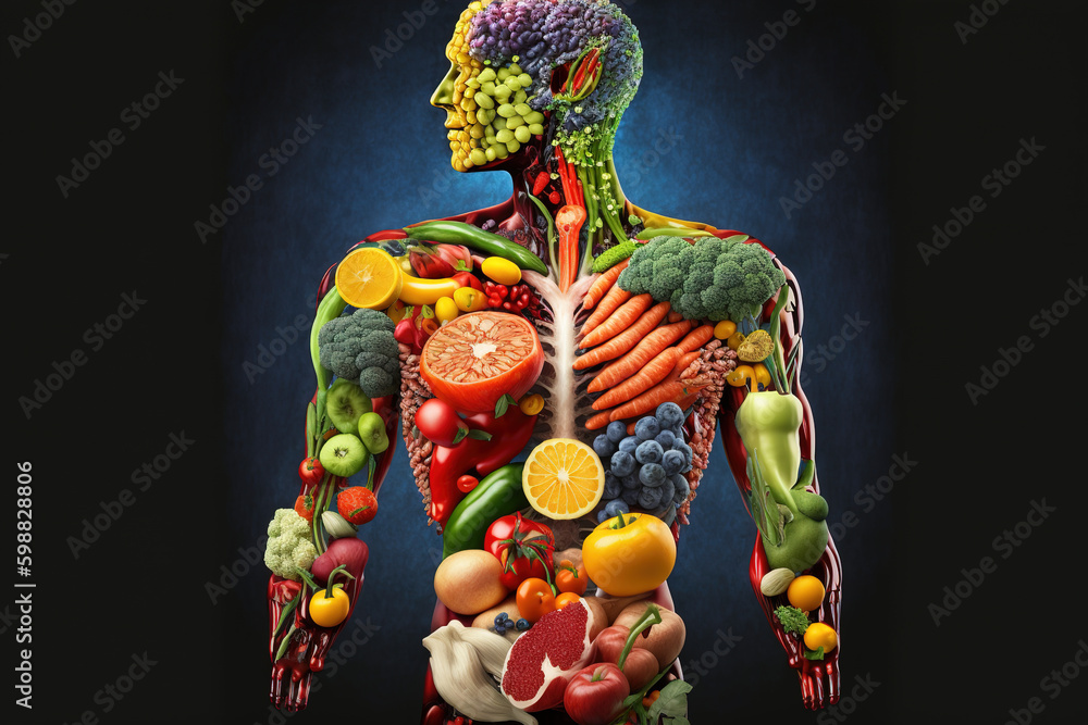 Nutritional concept. Huma body made of variety of fruits and vegetables. Generative Ai Technology.	