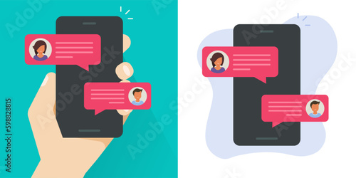 Cell phone chat text message sms mobile app icon vector flat graphic illustration, cellphone smartphone screen with online talk dialogue bubble speech in person hand modern image design