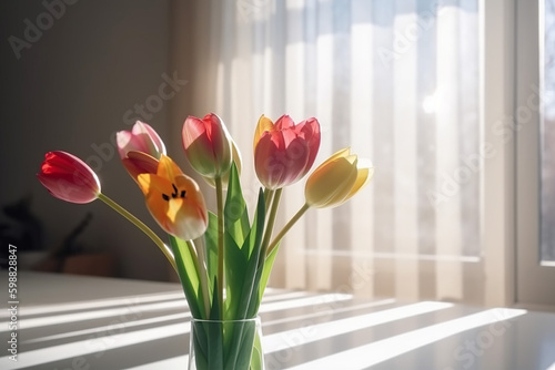 Beautiful Colorful Tulip Flower Floral Bouquet Spring Decorate the Room in the Morning