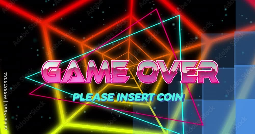 Animation of game over text banner against neon hexagonal tunnel spinning in seamless pattern Animation of game over text banner against neon hexagonal tunnel spinning in seamless pattern