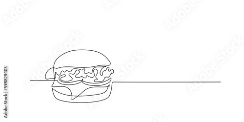Continuous one line drawing of burger. Single line drawing of hamburger . Silhouette of fast food restaurant burger with cheese, cutlet and salad. Modern design street food logo, banner