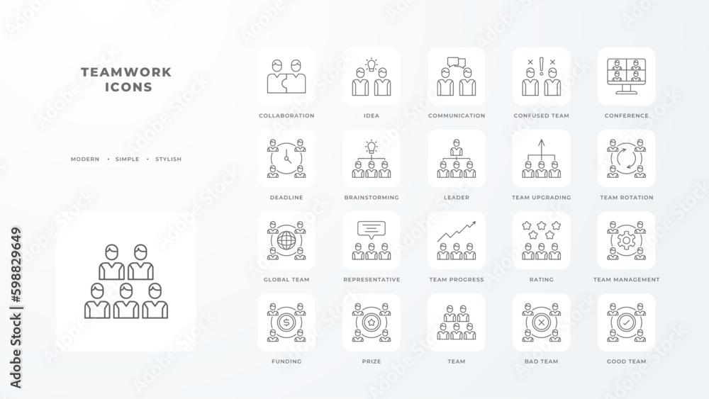 Team work icon collection with black outline style. company, organization, meeting, cooperation, management, communication, collaboration. Vector illustration Team work icon collection with black outline style. company, organization, meeting, cooperation, management, communication, collaboration. Vector illustration
