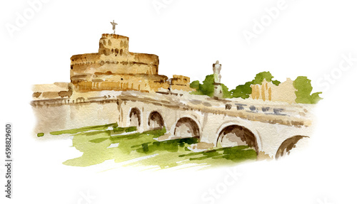 Photography watercolor illustration of Rome, Italy, hand drawn panorama of Tiber, bridge and