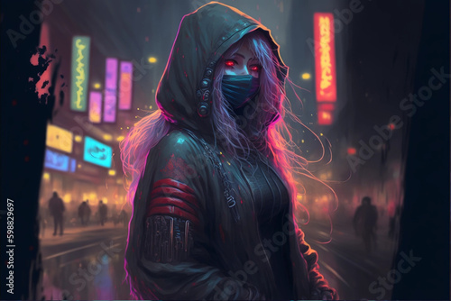 red eyed young girl from multiverse, metaverse halloween fantasy, AI generated, beautiful neon city