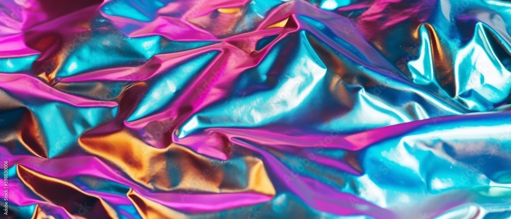 Fototapeta premium Background with iridescent holographic color effect, wrinkled foil. Generative AI