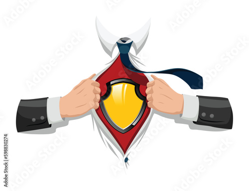 Opening shirt superhero. Office worker or businessman tearing his shirt to show symbol in flat cartoon style. Business success concept in pop art comic style. Vector illustration