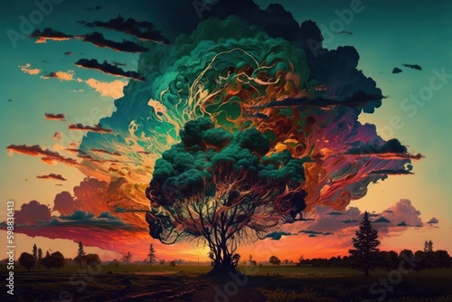 Fantasy landscape with big tree and huge cloud. 3d illustration, generative Ai
