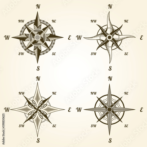 Retro nautical compass set. Hand drawn wind rose. Old vector design element for marine theme and heraldry. Vintage rose of wind for sea marine navigation