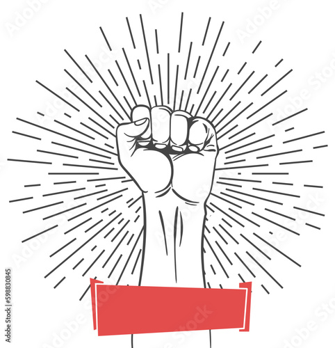 Rised fist hand gesture emblem. Vector hand clenched into fist and rising up, symbol isolated on white background. Power sign. Human hand up in the air