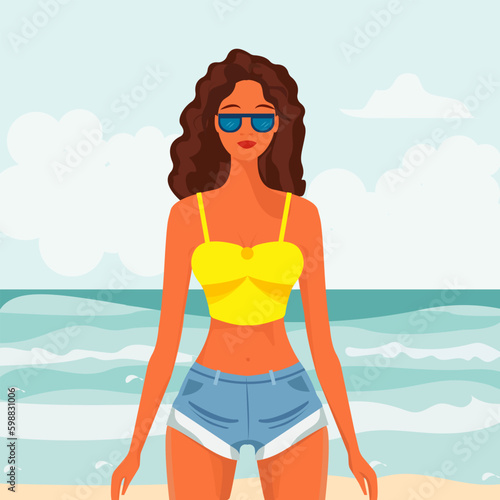 Vector illustration in flat cartoon style. Young pretty woman in a crop top and denim shorts, with a bare belly, is relaxing on the beach. Summer season.
