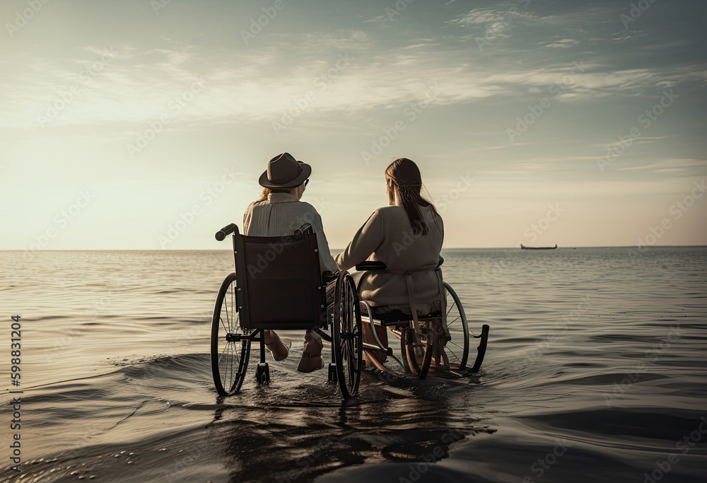 Photograph of an elderly couple walking along the beach in a wheelchair. Concept of old people, health in old age.