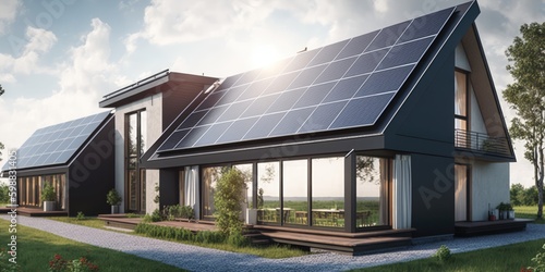 Solar panel on home roof of suburban villa clean sustainable electrical source Generative AI
