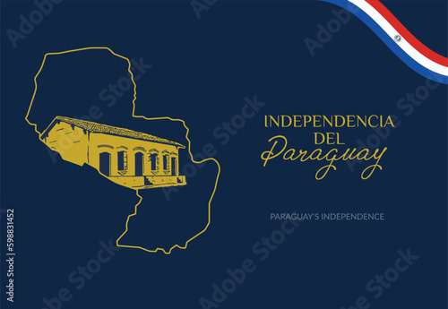 VECTORS. Editable banner for the Paraguay Independence Day, which starts on May 14. Map, golden details, flag