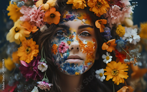 Portrait of a woman with colorful flowers. Generative AI technology.