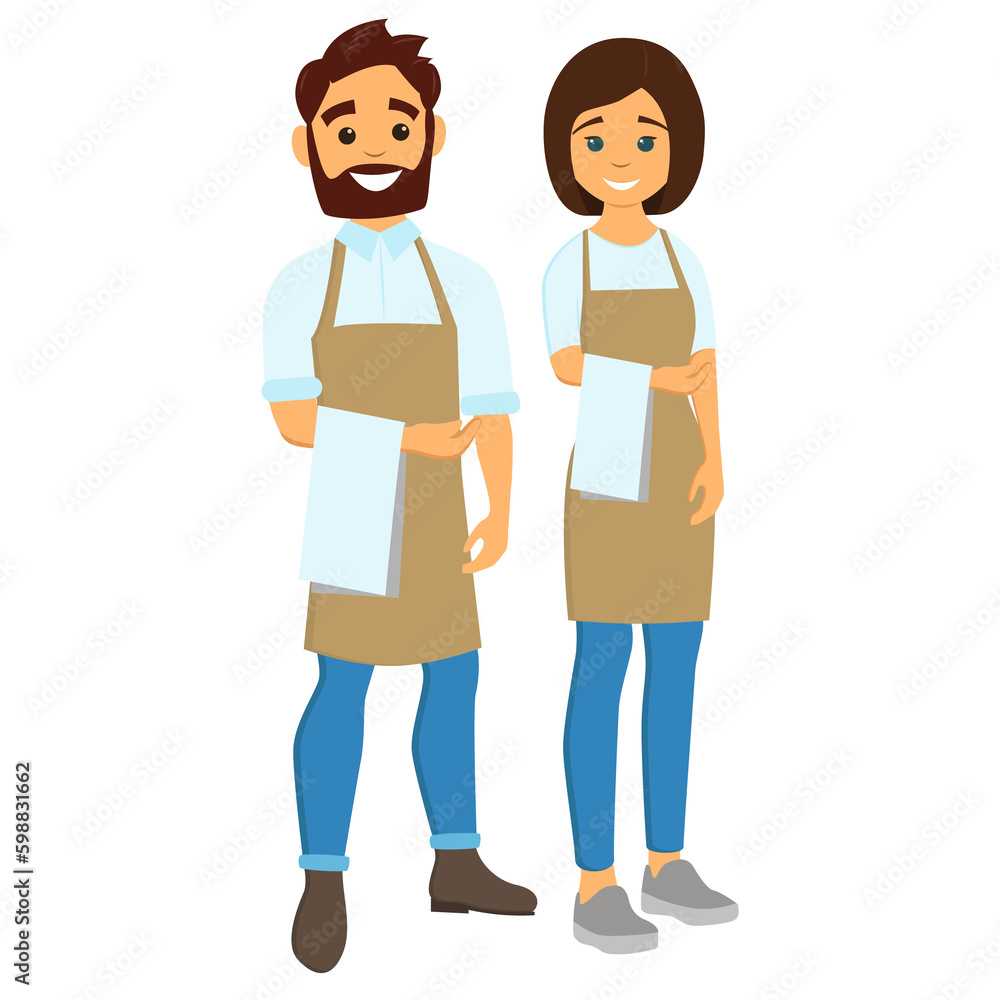 Waiters, girls and men with towels on their hands. Vector flat illustration