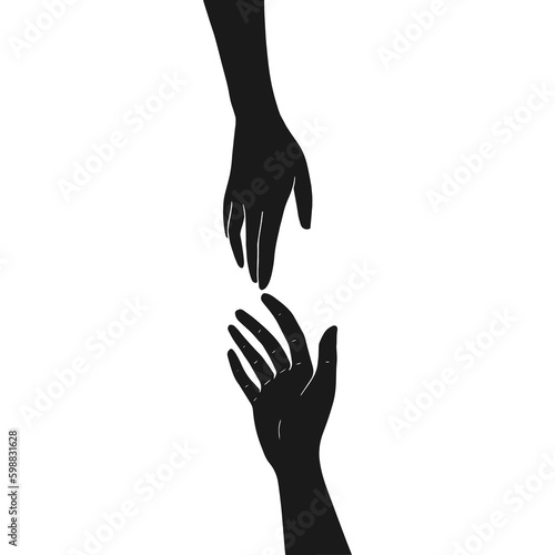 Two hands are drawn to each other. Black silhouettes isolated on white background. Vector illustration