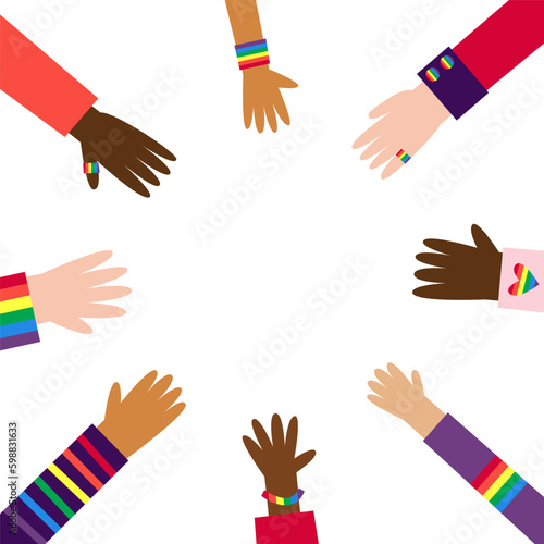 Happy pride circle template. Diverse white and bipoc hands with gay lgbt symbols. Rainbow flag decoration with blank circle. Vector flat illustration.