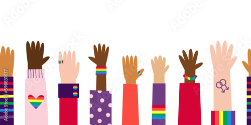 Happy pride seamless border. Diverse white and bipoc raised hands with gay lgbt symbols. Rainbow flag decoration. Vector flat illustration.