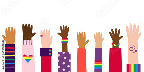 Happy pride banner. Diverse white and bipoc raised hands with gay lgbt symbols. Rainbow flag decoration. Vector flat illustration.