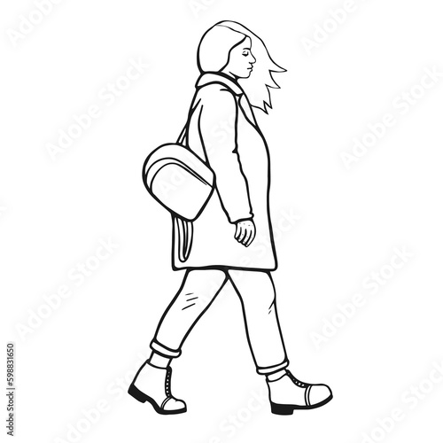 Modern urban girl is walking. Black and white sketch. Windy illustration