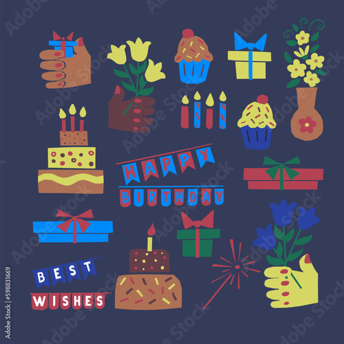 Birthday childish cutout design set. Vector hand drawn elements related to birthday party in papercraft style. Isolated vector. Can be used as stickers, scrapbooking elements