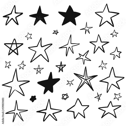 Collection of hand drawn stars isolated on white background. Vector illustration
