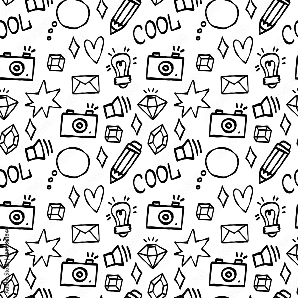 Doodle Creative Seamless Pattern. Organic black outline doodle with different decor element. Vector contemporary playful art. Modern wallpaper. Trendy textile fabric paper for kids Doodle Creative Seamless Pattern. Organic black outline doodle with different decor element. Vector contemporary playful art. Modern wallpaper. Trendy textile fabric paper for kids