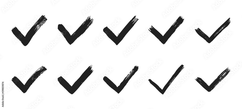 Dirty grunge hand drawn tick v with brush strokes vector illustration set isolated on white background graphic design. Check mark symbol YES button for vote in check box, web, etc. Dirty grunge hand drawn tick v with brush strokes vector illustration set isolated on white background graphic design. Check mark symbol YES button for vote in check box, web, etc.