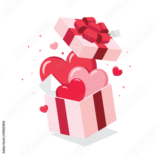 Single colorful open box full with loves graphic flat design illustration for Valentine day, Mother's day, Women's Day interface app icon ui ux banner web isolated on white background