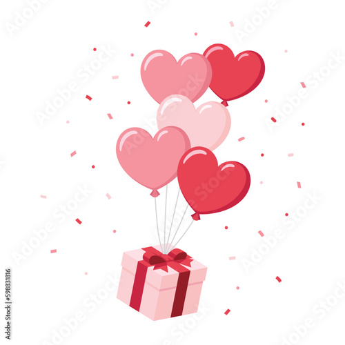 Single colorful gift box full with flying balloons graphic flat design illustration for happy Valentine day, Mother's day, Women's Day interface app icon ui ux banner web isolated on white background