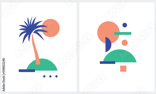 Abstract Tropical Vector Illustration. Retro 90' Style Graphic. Palm Tree and Dessert Island Isolated on a White Background. Exotic Landscape Print. Minimalist Geometric Art. Aloha Party Print.