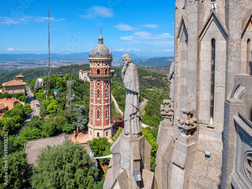 Panoramic view from the Temple of the Sacred Heart of Jesus at Mount Tibidabo in Barcelona, Spain photo