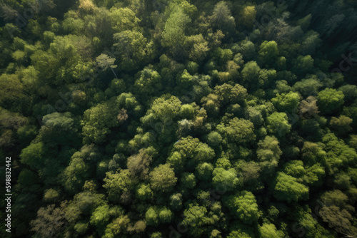 Aerial view of forest plantations. Natural forest background. 6K high resolution image. Generative AI, human enhanced