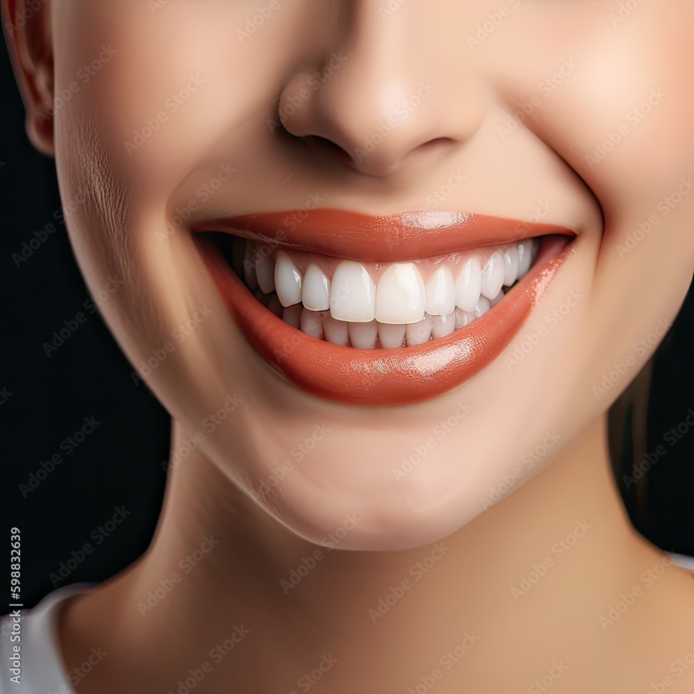 Close up cropped half face portrait of attractive, nude, natural, perfect, ideal girl with healthy white teeth isolated on beige background, perfection, wellness, wellbeing. Generative Ai. Close up cropped half face portrait of attractive, nude, natural, perfect, ideal girl with healthy white teeth isolated on beige background, perfection, wellness, wellbeing. Generative Ai.
